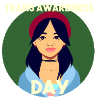Illustrated gif. Person wearing a red beret appears in a circular frame on a transparent background. We zoom in on their eye, revealing a person with short brown hair, then continue cycling through a cast of diverse folks as each person's eye is magnified. Text, "Trans Awareness Day."