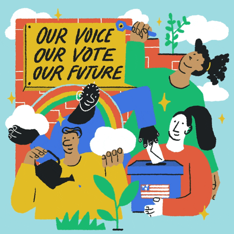 Digital art gif. Two men balance a rainbow as one waters a plant and the other drops a ballot into a flag-decorated ballot box. The ballot box is held by a smiling woman as another woman attaches a gold sign to a red brick wall against a blue background. The sign reads, “Our voice, our vote, our future.”