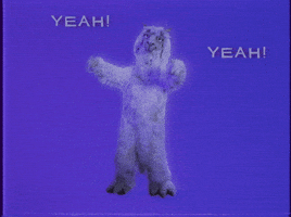 Video gif. Person in a llama suit dances excitedly in font of a blue background with their hands in the air. Text, “Yeah! Yeah! Yeah!”
