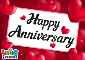 Digital art gif. Message in black script on a white card suspended in a deep red background surrounded by undulating red hearts. Text, "Happy anniversary."