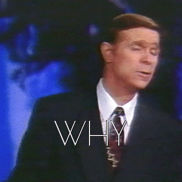 Video gif. Montage of a man, maybe a preacher, wearing a suit and tie. He stands behind a podium and looks ahead, mouthing the word, "Why."