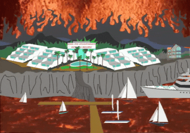South Park gif. Fire and lava pour out over a grassy and green resort, which sits on a lava lake filled with boats and yachts.