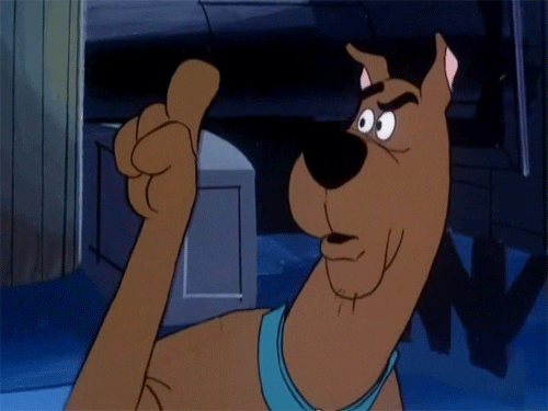 Cartoon gif. Scooby Doo holds up a finger and shakes his head "no" adamantly.