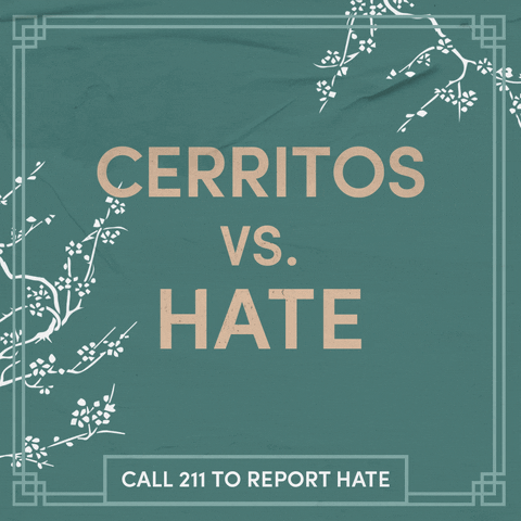 Text gif. Ecru letters on a sage green background, surrounded by swaying cherry blossom branches as a butterfly glides through. Text, "Cerritos vs hate, call 211 to report hate."