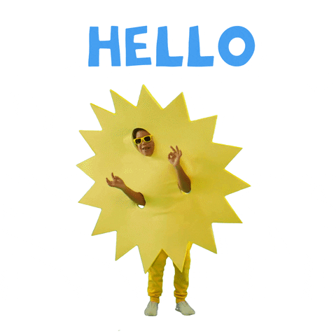 Video gif. A person dressed up in a mascot-like Sun costume, swaying back and forth and waving hands. Text, "Hellooo."