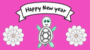 Illustrated gif. Floating turtle smiles and waves its arms as flowers spin on either side. Text, "Happy New Year."