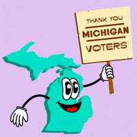 Digital art gif. Shamrock green graphic of the anthropomorphic state of Michigan on a lavender background holding a butter yellow picket sign that reads "Thank you Michigan voters!"
