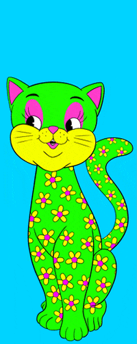 Digital art gif. Green cat covered in yellow and pink flowers elongates her neck, smiling.