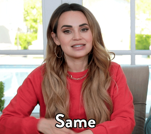 Celebrity gif. Rosanna Pansino points to herself as she glances to the side and says, "Same."