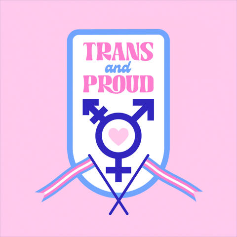 Illustrated gif. Crisscrossing transgender flags wave beneath a pulsing pink heart at the center of an indigo transgender symbol on a badge in front of a pastel pink background. Text, "Trans and proud."
