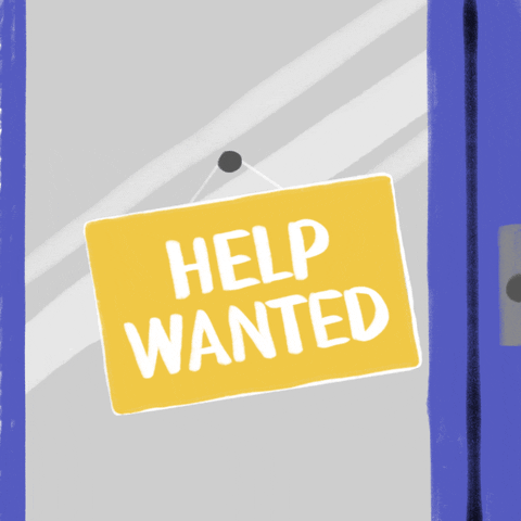 Digital art gif. Yellow sign swings on a hook over a glass window background. One side says, “Help wanted.” The sign flips and reads, “Election workers needed in Nevada.”