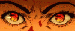 Cartoon gif. We gaze directly into eyes filled with rage, as flames flicker in their pupils.