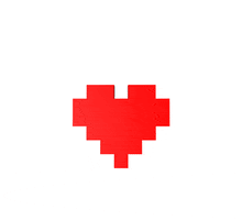 Illustrated gif. Pixelated red heart rotates on a vertical axis while floating up and down against a white background.