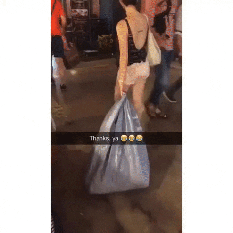 Video gif. Snapchat video of a woman shopping and dragging around a huge shopping bag. Text, "Thanks ya."