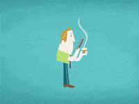 Illustrated gif. A man enjoys a cup of coffee and looks at his phone for a moment until office desks crowd in, papers fly everywhere, and people scurry past him.