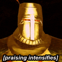 Video game gif. Praise the Sun character of Dark Souls wears a gold helmet and suit of armor as he jitters and glitches. Text, "Praising intensifies."