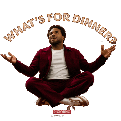 Sponsored sticker gif. Man sits with his legs crossed and his hands held open at his sides. He looks above him with a happy expression on his face. Text reads, “What’s for dinner?”