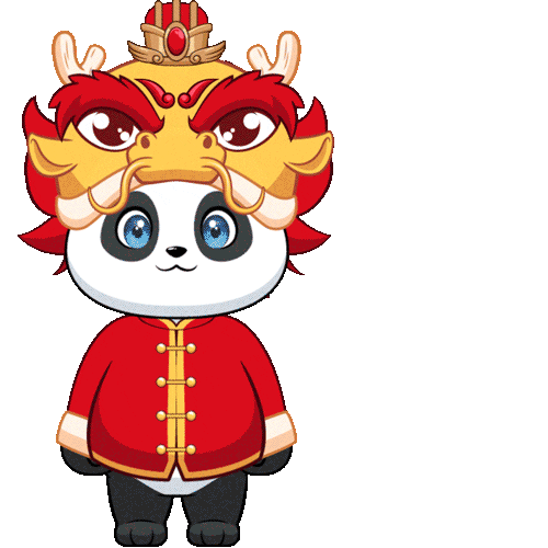 Sticker gif. Cartoon panda wearing a traditional red jacket with frog knots and a large Chinese dragon head as a hat bows revealing the message, 'Gong xi fa cai.'