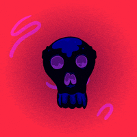 Digital art gif. A black and purple cow skull opens in half and a yellow happy face sits in the middle. It closes again and it forms back into a skull.