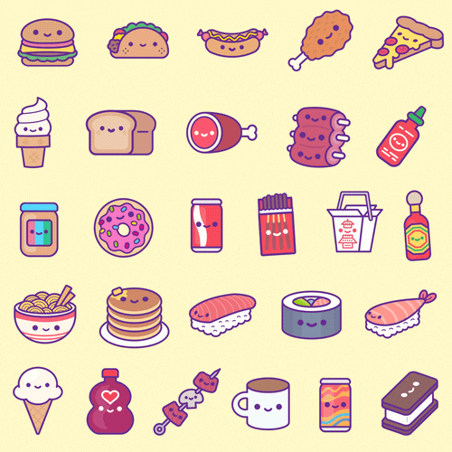 Kawaii gif. A grid of food images, most with smiling faces, including a burger, taco, hot dog, chicken drumstick, pizza, and ice cream, to name a few.