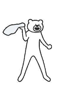 Sticker gif. Tall, lanky bear dances and whips a towel around their head in a circle.