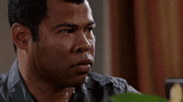 TV gif. Jordan Peele on Key and Peele looks to the side with a serious expression on his face. He is sweating profusely and water drips down his face.