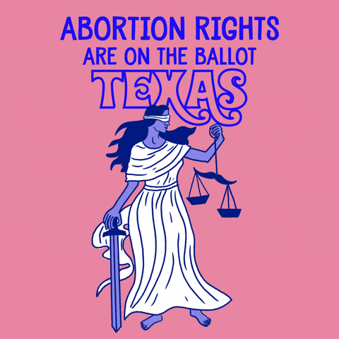 Digital art gif. Blindfolded and barefoot Lady Justice dressed in a flowing white toga holds a sword in one hand and a swinging scales of justice in her other hand against a pink background. Text, “Abortion rights are on the ballot, Texas.”