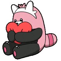 Sticker gif. Red panda hugs a red heart to its chest and squeeze it tightly.