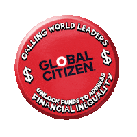Digital art gif. Red circle shakes back against a transparent background. Text, “Calling world leaders. Unlock funds to address financial inequality. Global Citizen.”
