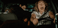 Celebrity gif. Heather Anne Campbell drives a car and firmly grasps the steering wheel. She screams out in terror. Leroy Patterson is awkwardly sitting in her back seat and he looks up in shock as she screams. 