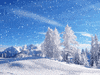 Video gif. It's a sunny day and the snow is falling upon a snow-filled land, with every tree and mountain in the landscape covered in white.