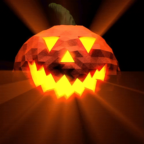 Digital art gif. Jack-o-lantern with a glowing, jagged smile waves in front of a black background.