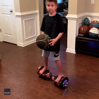 Impressive 7-Year-Old Expertly Dribbles Basketballs While Riding Hoverboard