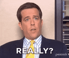 The Office gif. Ed Helms as Andy speaks to us with an irritated smirk. Text, "Really?"