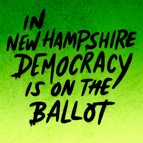 Text gif. Handwritten capitalized text against neon green background reads, “In New Hampshire democracy is on the ballot.” A hand holding a can of yellow spray paint underlines the word, “New Hampshire.”