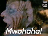Sponsored gif. Evil leprechaun with rotting teeth cackles menacingly. In the upper right corner is the AMC Fear Fest logo. Text reads, “Mwahaha!”