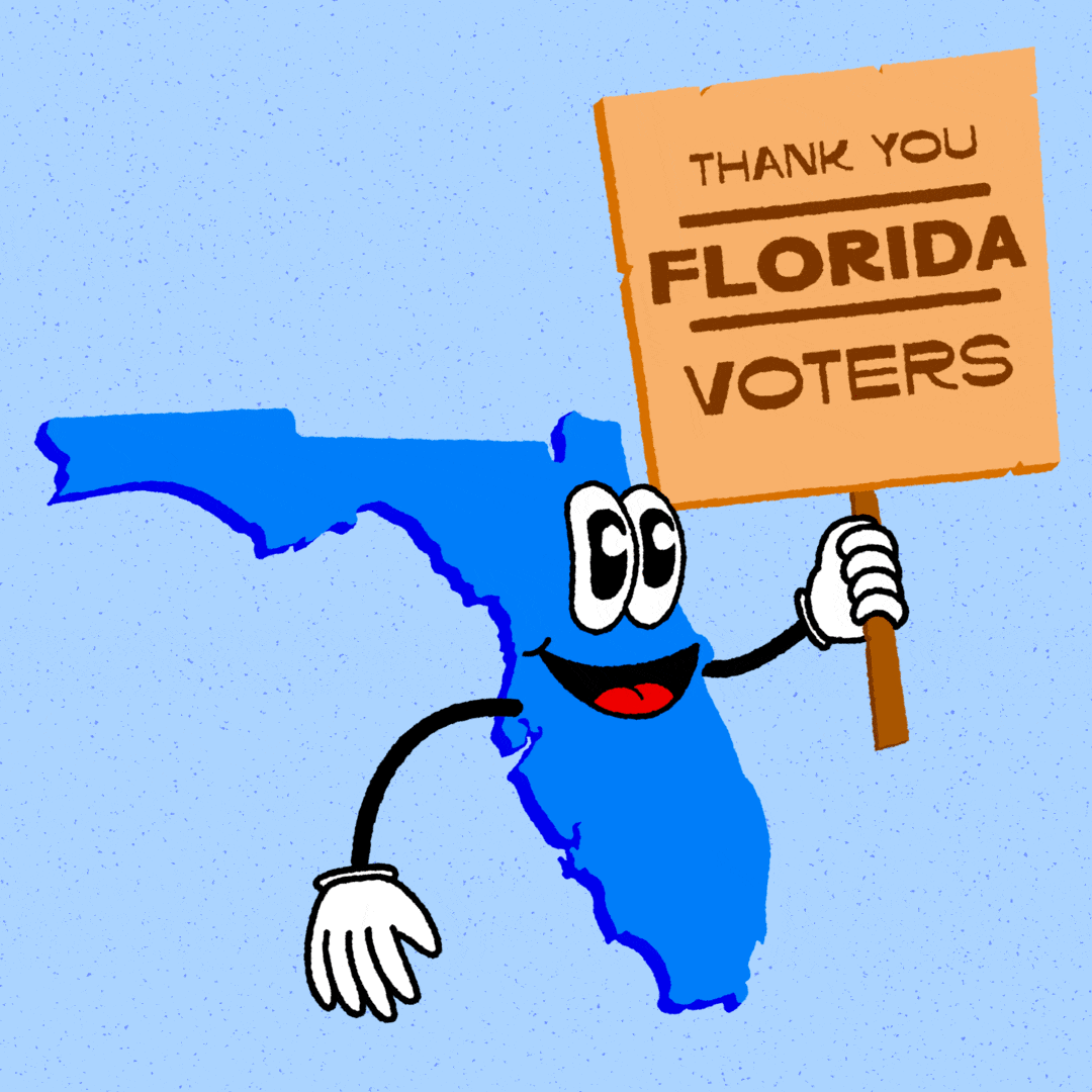 Digital art gif. Electric blue graphic of the anthropomorphic state of Florida on a pale blue background holding an apricot orange picket sign that reads "Thank you Florida voters!"