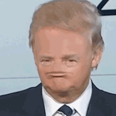 Celebrity gif. With a filter that makes his face tiny and removes his nose, Donald Trump makes a goofy face.