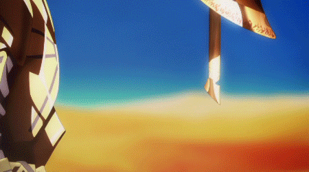 Anime gif. Gilgamesh from Fate Zero grabs his sword that slowly floats down and the scene cuts to him looking very confident, ready for battle. 