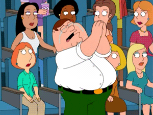 Cartoon gif. Peter Griffin from Family Guy stands up in an audience and tears stream down his face as he claps. Everyone around him stares at him in shock but he is undeterred in his emotions.