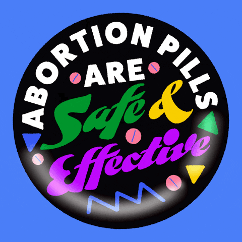 Text gif. Glistening black badge on a blue background with 90s-era graphic squiggles and little pink pills reads "Abortion pills are safe and effective."