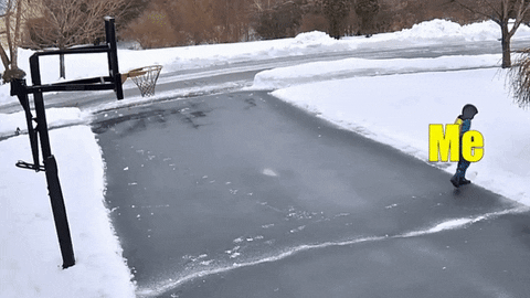 Meme gif. Little boy plays basketball in a snowy driveway. He shoots the ball into the hoop, and it gets stuck and won't come down. The little boy is labeled "Me," the hoop is labeled "Cost of medicine," and the ball is labeled "My life expectancy."