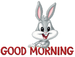 Sticker gif. Baby Bug Bunny grins at us with an open mouth and he leans on top of text that reads, 'Good Morning,' which is written in red capital letters.