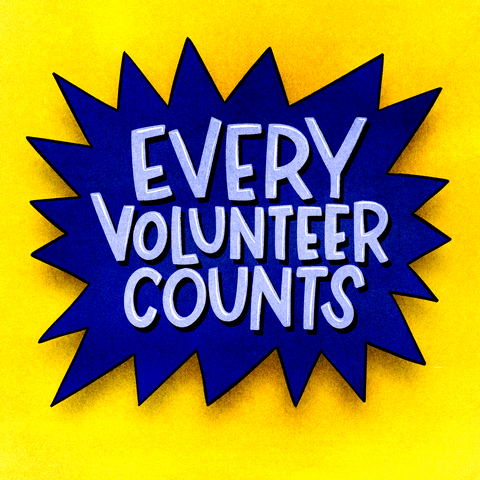 Text gif. 3D handwriting font on a royal blue dodecagram, bobbing and fizzing on a lemon yellow background. Text, "Every volunteer counts."