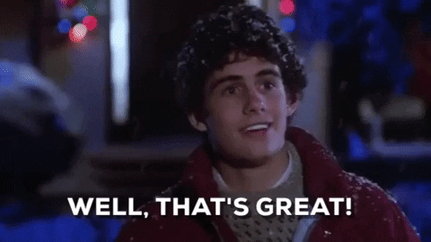 Movie gif. Zach Galligan as Billy in Gremlins stands out in the snow at night, snow flakes in his curly hair, smiling as he approaches us, saying, "Well that's great!"