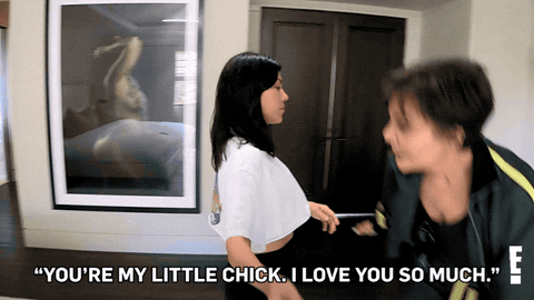 Reality TV gif. Kourtney Kardashian and Kris Jenner from Keeping Up With the Kardashians hug. Kris says, "You're my little chick. I love you so much."