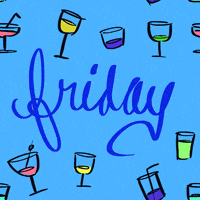 Text gif. Blue cursive text on a flashing background with drawings of cocktails, "Friday."