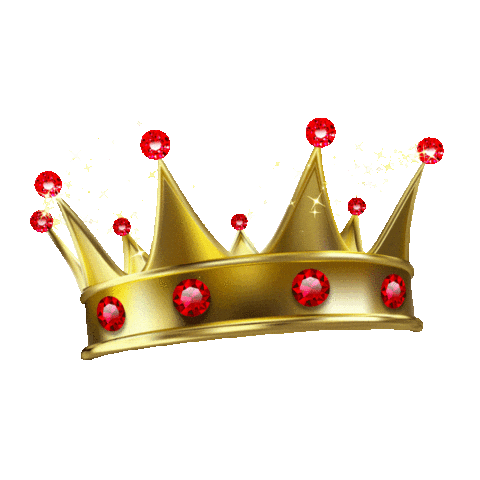 Sticker gif. Gold crown with red gems at the points and red gems studded around the band spins and wobbles around.