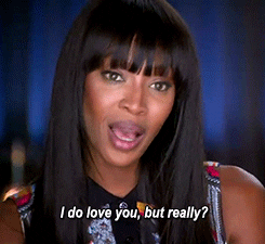 Celebrity gif. Naomi Campbell shakes her head slightly to emphasize her words--she says, "I do love you, but really?" which appears as text.