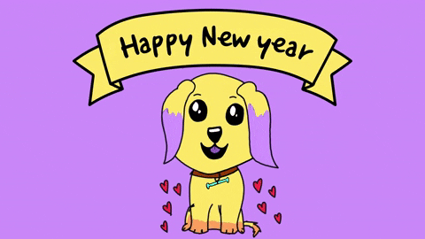 Illustrated gif. Butter yellow dog with lilac tipped ears smiles beneath a banner that reads, "Happy New Year."